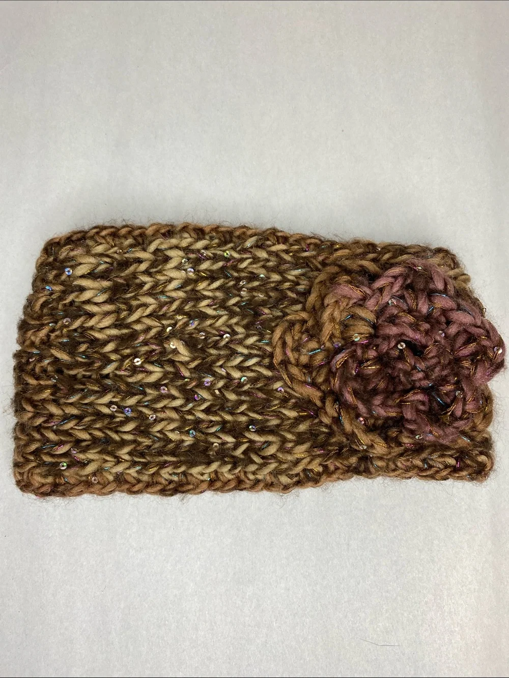 Scala Pronto Brown Tinsel Sequin Knit Floral Ear Warmer Headband Soft Cozy
